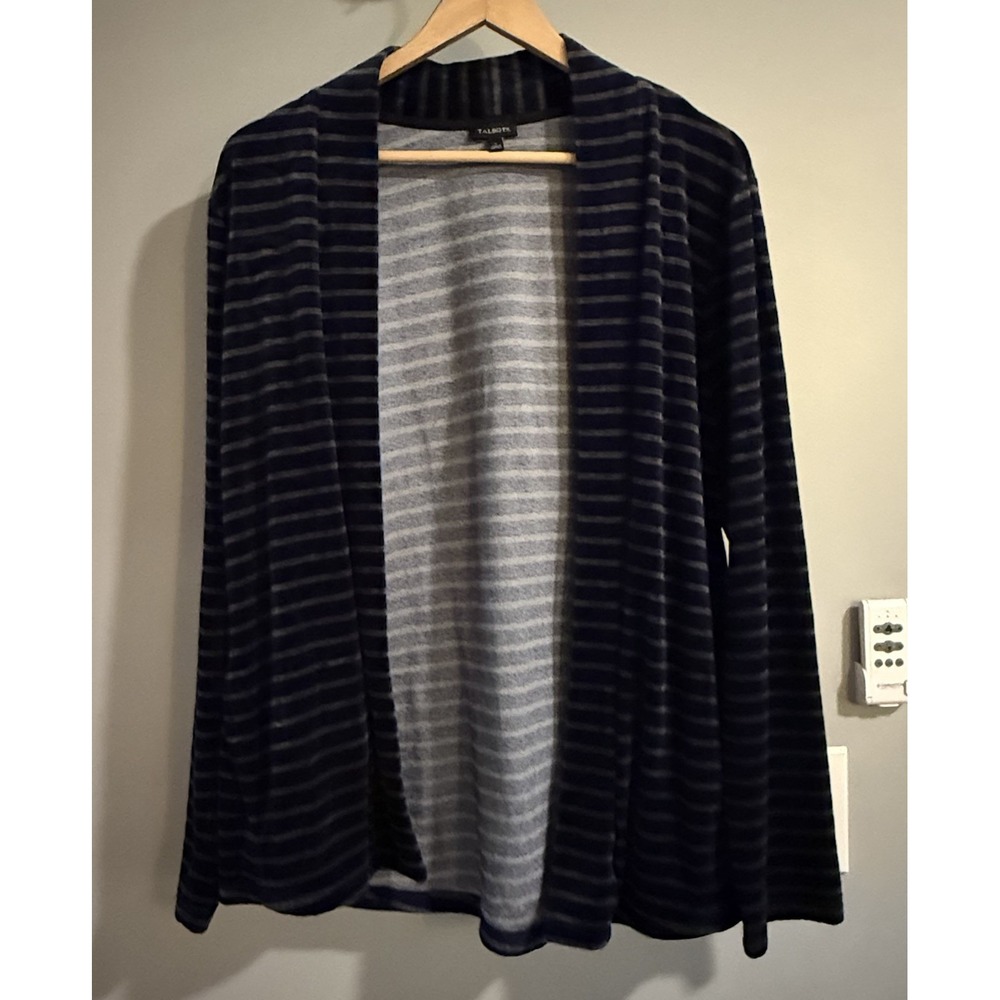 Talbots Cardigan Nautical Striped Velvet Open Front Long Sleeve Cotton Large